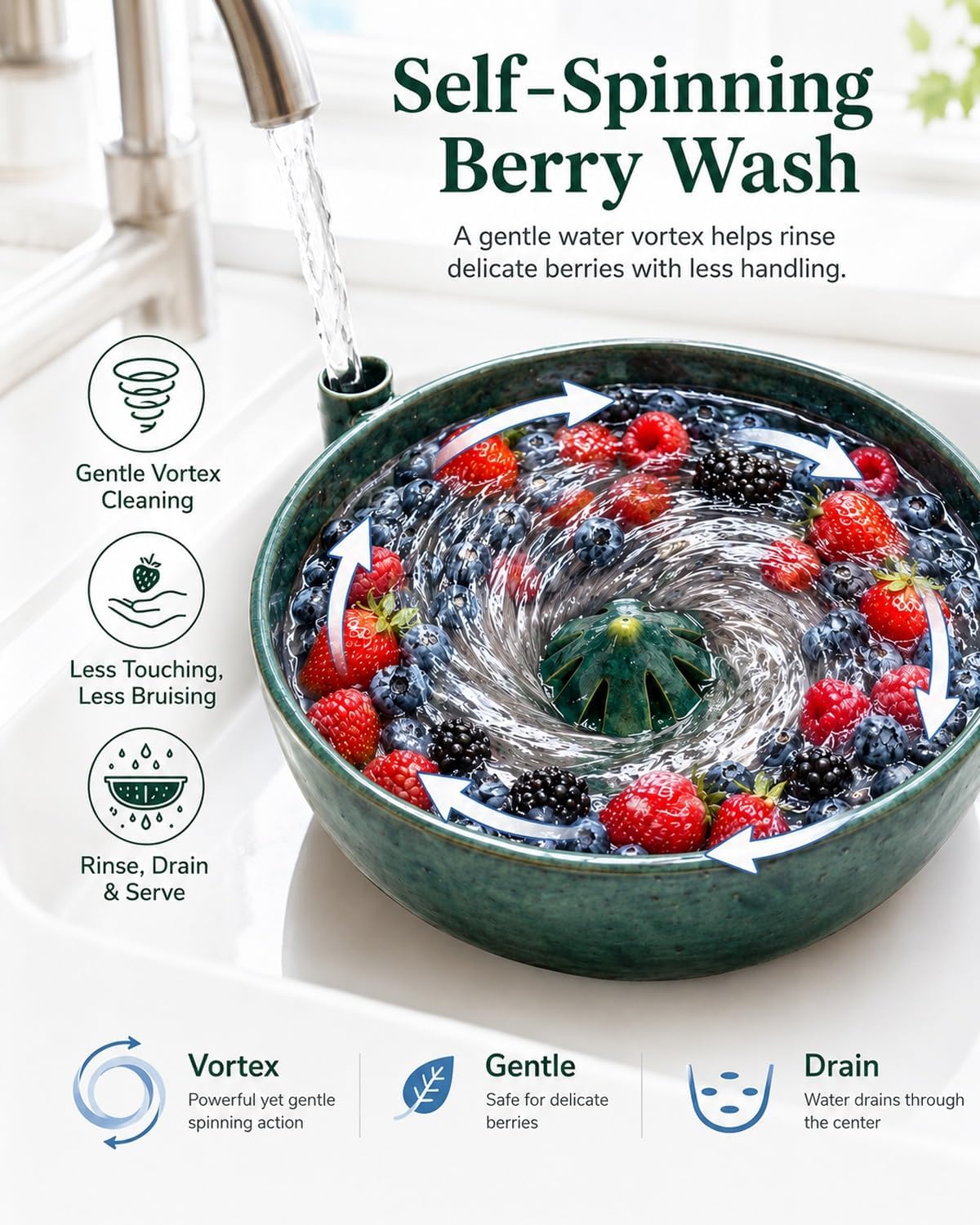 Berry Bowl Washing Bowls with Holes Ceramic Rinse Fruit Strawberry Washer Spinner Self Spinning Strainer Spin Swirling Colander Vegetable Hydro Cleaning Rinsing Vortex Saucer(1PC)