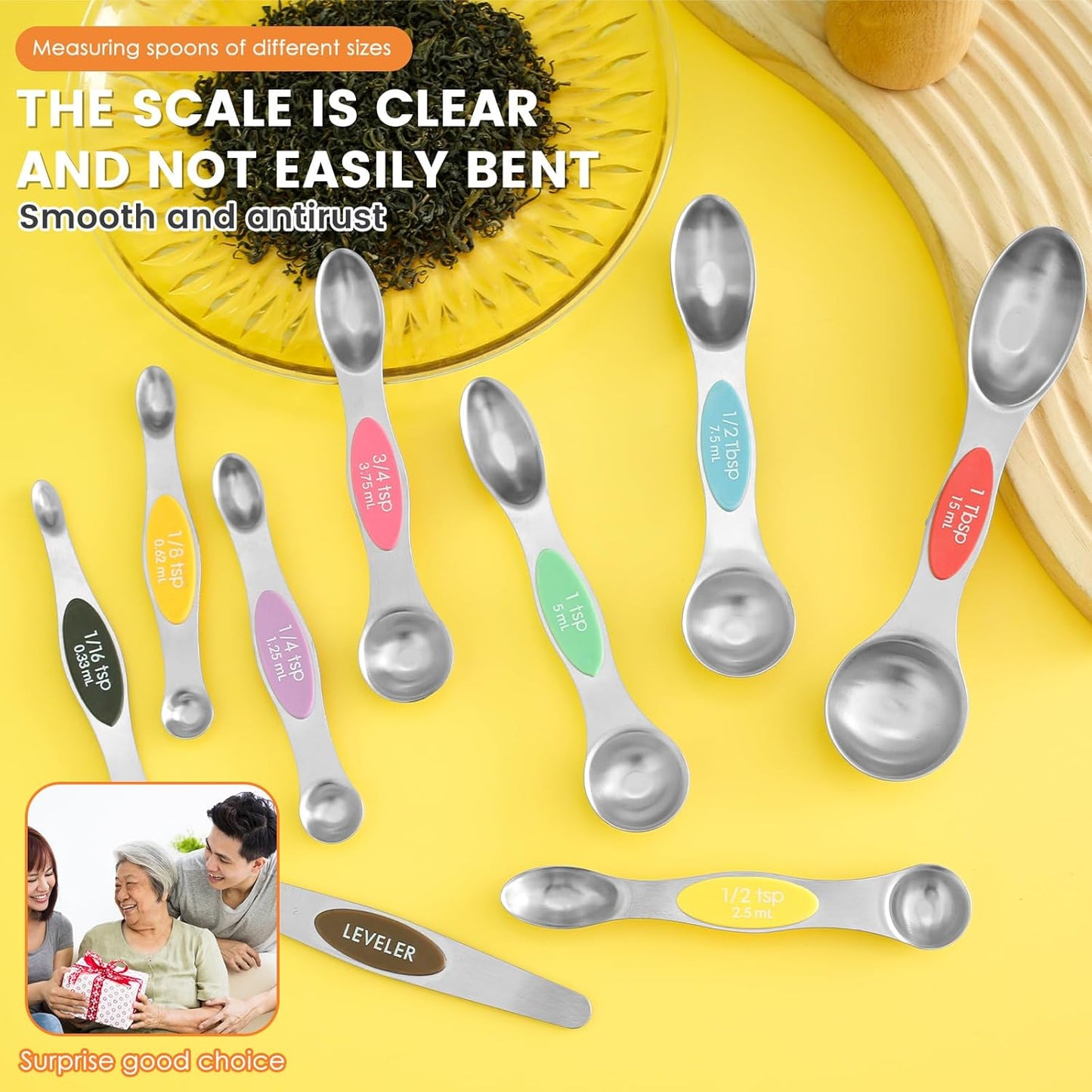 Magnetic Measuring Spoons Stainless Steel Double Sided Teaspoon Easy to Clean Measuring Spoons Nesting Teaspoons Solid Nesting Tablespoon Teaspoon for Liquid Ingredients (Colorful Set of 2)
