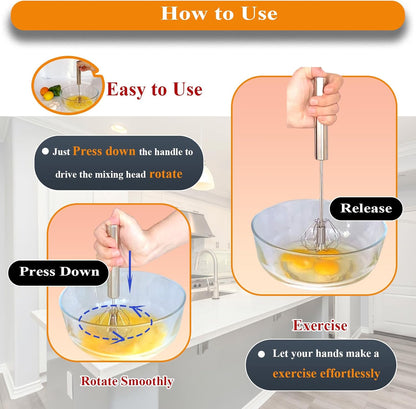 Stainless Steel Semi Automatic Whisk Egg Beater Whizzy Whisk, Hand Push Blender Kitchen Mixer Wisking Tool for Blending Cooking Gadgets(10in)