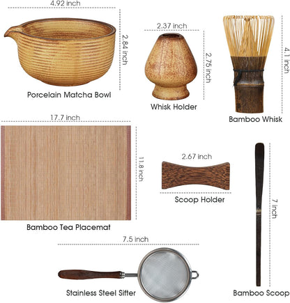 Matcha Whisk Set, 7-Piece Matcha Kit with Ceramic Bowl, Bamboo Whisk, Scoop, Sifter, Holder & Bamboo Mat – Premium Matcha Tea Set for Beginners & Matcha Lovers, Gift Ready