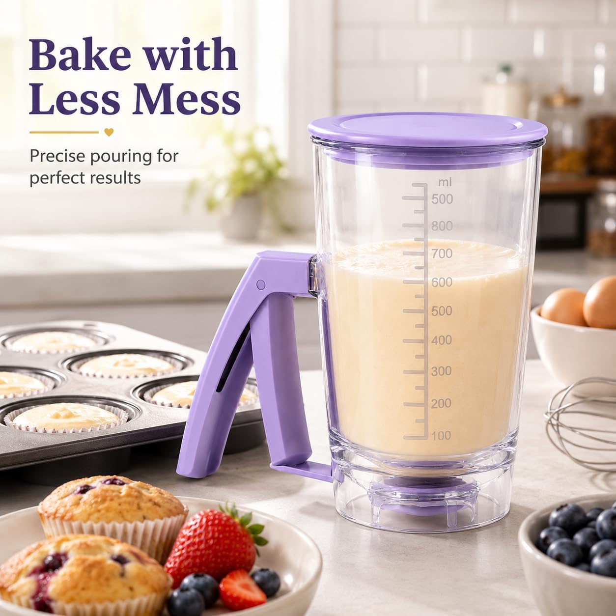 Pancake Batter Dispenser - Kitchen Must Have Tool for Perfect Pancakes, Cupcake, Waffle, Muffin Mix, Cake & Crepe - Baking Supplies for Griddle - Pancake Maker with Measuring Label (Purple)