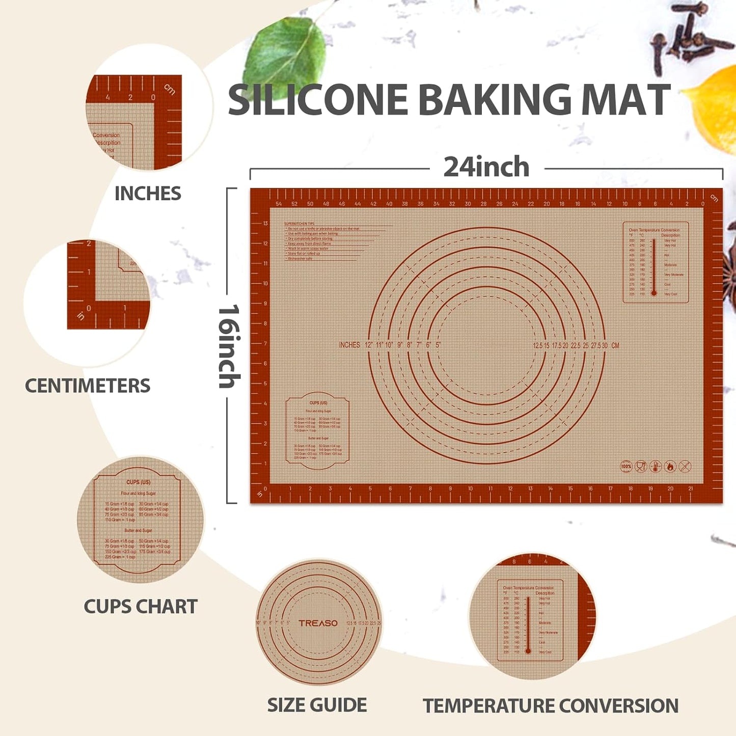 Premium Silicone Baking Mat, 24" x 16" Extra Thick Pastry Rolling & Sourdough Mat with Measurement Guides, Non-Stick Baking Supplies for Making Pizza, Pie, Cookies, and Bread at Home or Bakery