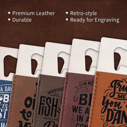 PYD Life 8 Pack Stainless Steel Flat Bottle Opener with Brown Leather Handle Blanks 1.6" x 7" for Glowforge Xtool Laser Engraing Custom Name Text Patterns,Beer Opener for Kitchen,Bar,Restaurant,Home