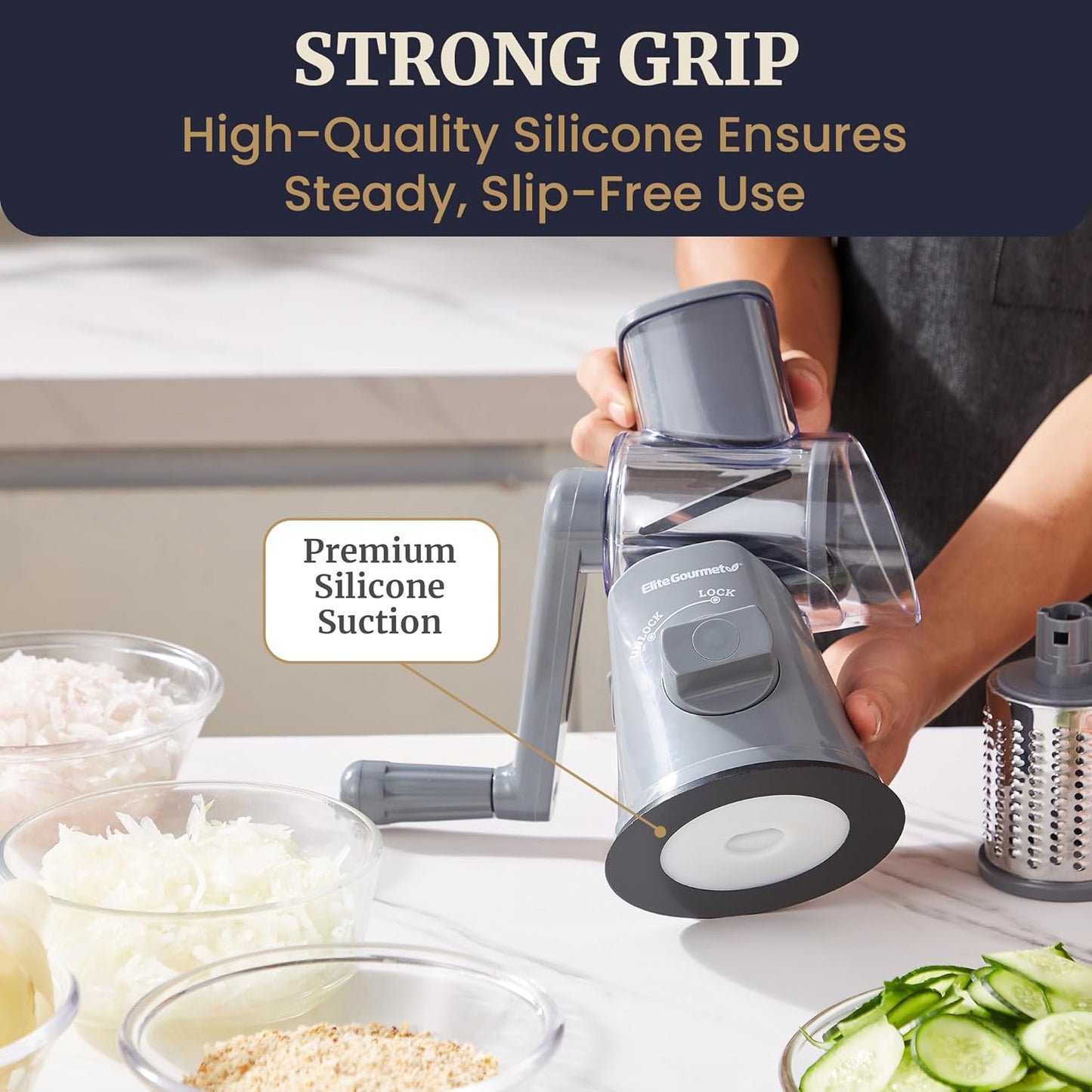 Elite Gourmet EFP593X Rotary Cheese Grater with 3 Stainless-Steel Blades for Slicing, Shredding & Fine Shredding, Strong Suction Base, Dishwasher-Safe, Grey