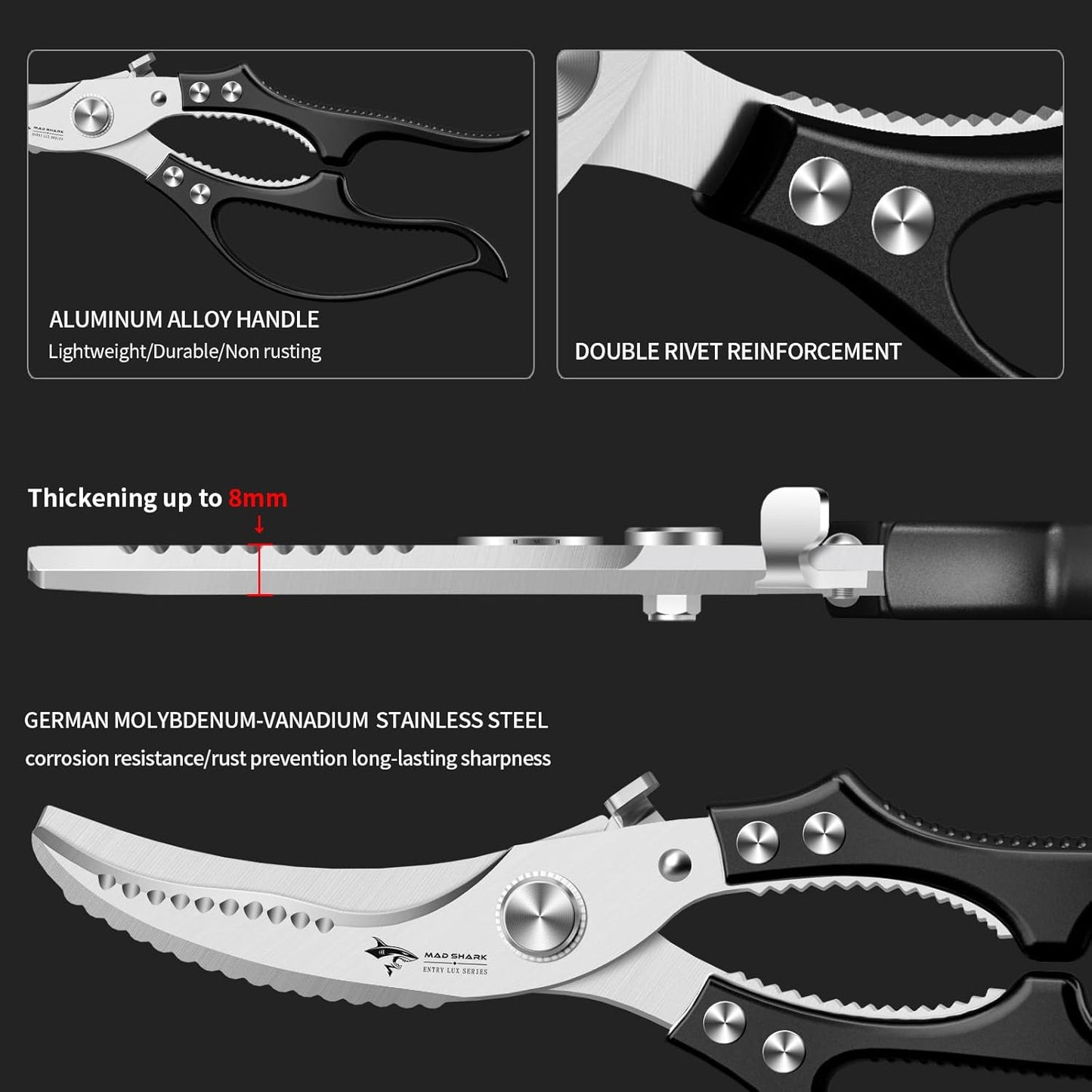 MAD SHARK Heavy Duty Poultry Shears, Kitchen Shears with Non-Slip Handle & Safety Lock, All Purpose Kitchen Scissors for Chicken, Meat Cutting, Turkey, Fish, Vegetables, Spring Loaded, Dishwasher Safe