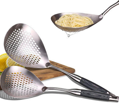MARTE Skimmer Slotted Spoon Set of 4 - Kitchen Pasta Strainer Spoon - Spider Strainer Skimmer Ladle Spoon with Holder for Cooking and Frying Food, Spaghetti, Vegetable, Dumpling - 14.8In,16.5In,17In