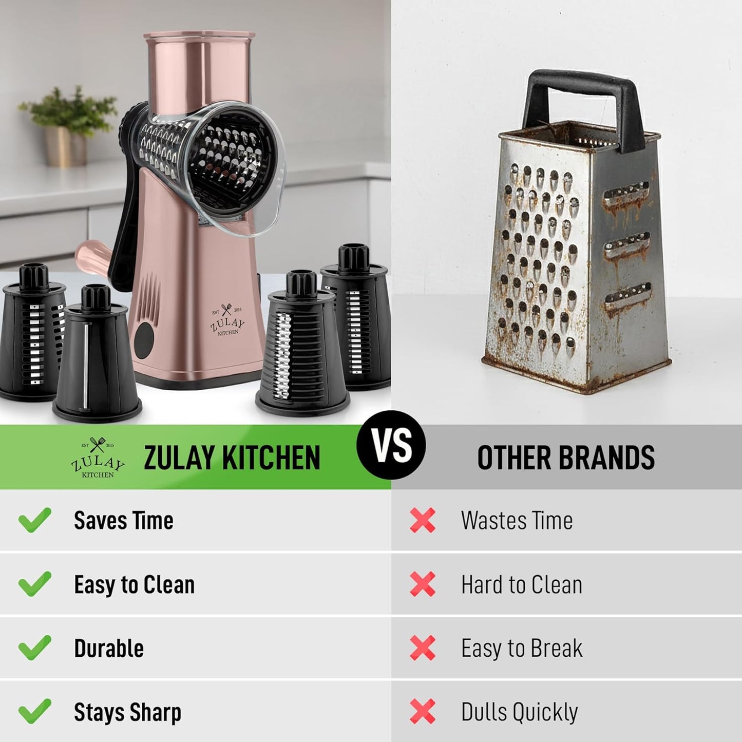 Zulay Kitchen Rotary Cheese Grater 5 Blade Cheese Shredder - Manual Hand Crank Cheese Grater With Reinforced Suction & 5 Interchangeable Drums - Easy to Use, Vegetable Chopper Round Mandoline Slicer - Colors A