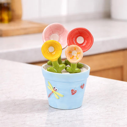 Flower Pot Measuring Spoons Set, Ceramic Baking Cup with Base Stand Holder, Decorative Cute Figurine for Dry & Wet Ingredients, Kitchen, Home & Gift - 1 Tbsp, 1 Tsp, 1/2 Tsp, 1/4 Tsp, Dishwasher Safe