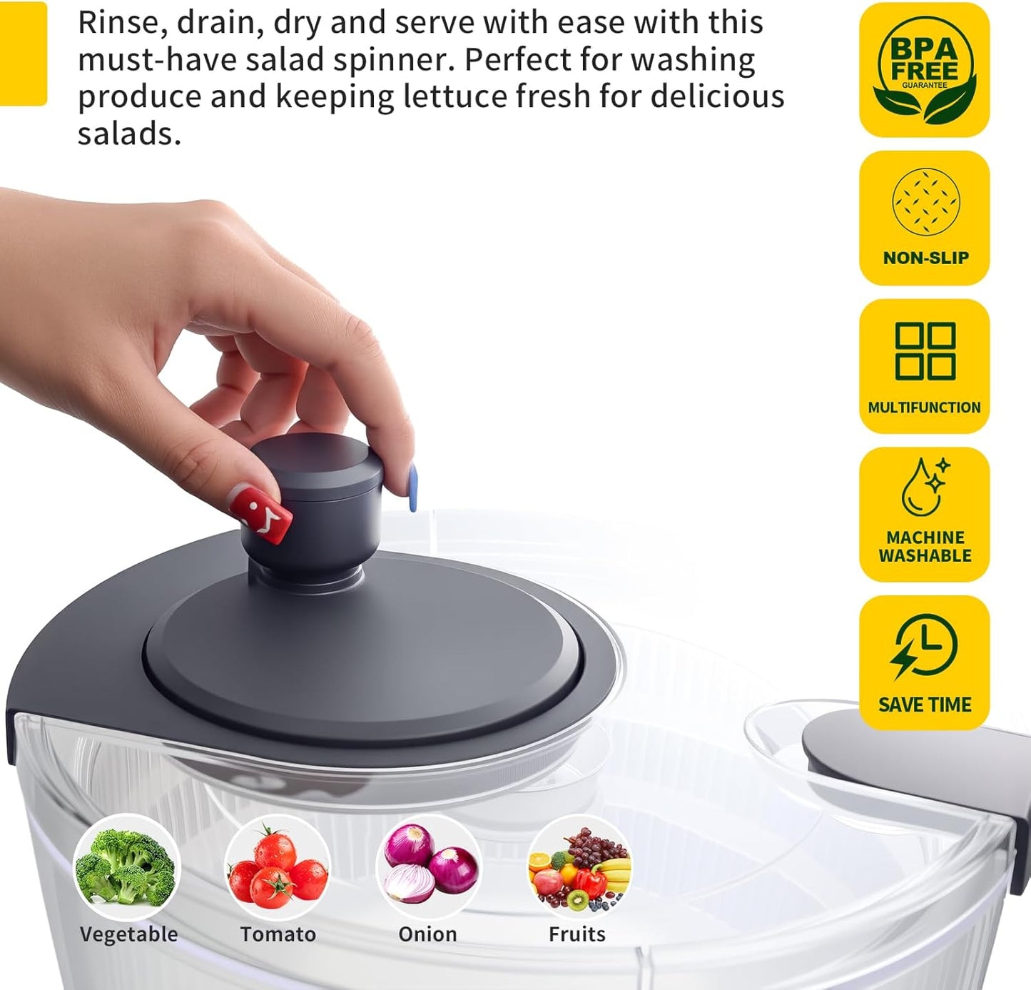 Salad Spinner Large, Fruit Washing Bowl with Strainer, Quick and Easy Use Lettuce Spinner, Fruits and Vegetables Washer, Lettuce Salad Dryer, Kitchen Essentials (6L/6.34Qt)