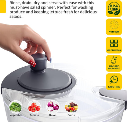 Salad Spinner Large, Fruit Washing Bowl with Strainer, Quick and Easy Use Lettuce Spinner, Fruits and Vegetables Washer, Lettuce Salad Dryer, Kitchen Essentials (6L/6.34Qt)