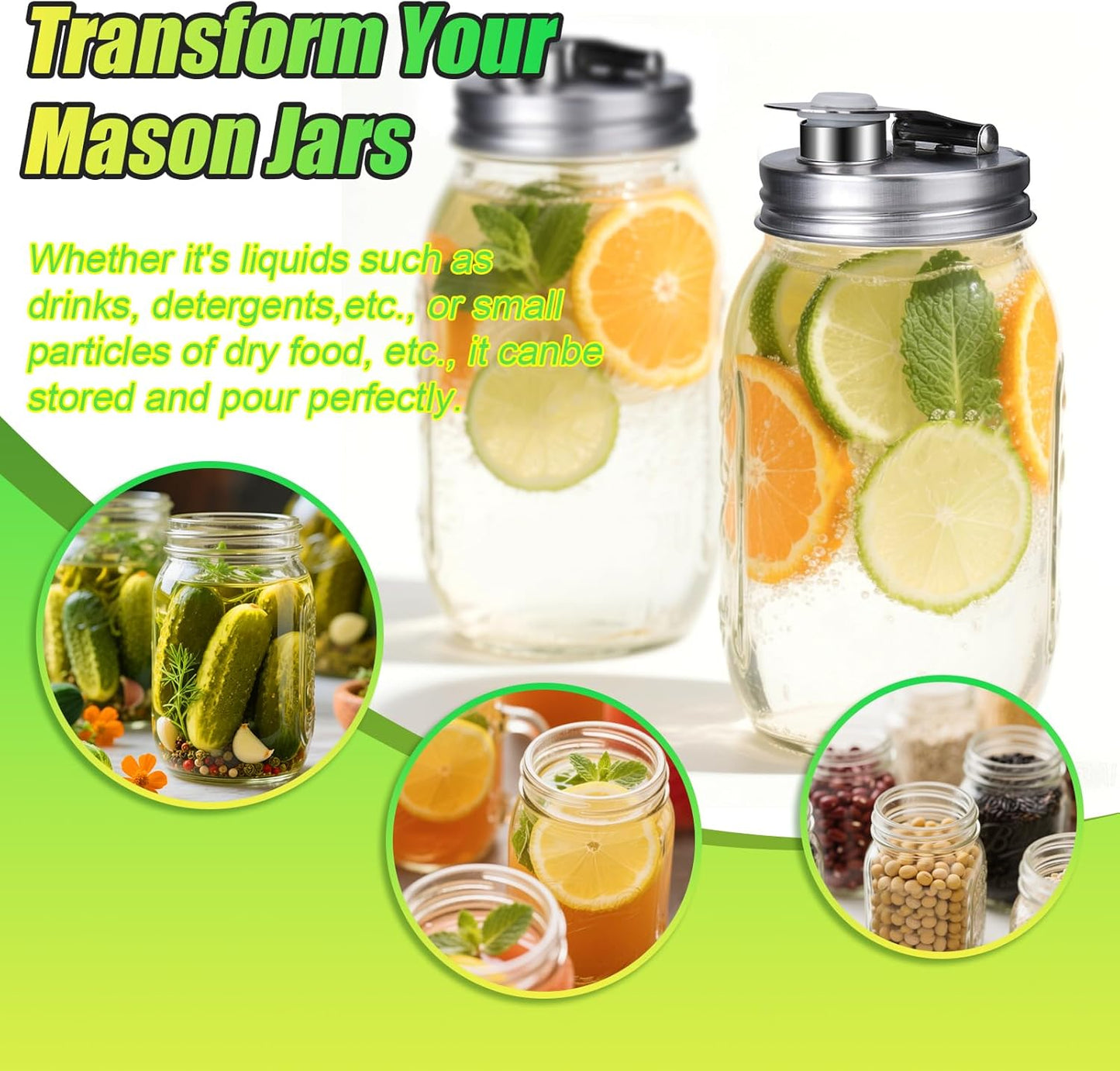 Mason Jar Pour Spout Lid Stainless Steel with Handle, Wide Mouth Pour Spout Flip Cap Lids for Mason Jars, Anticracking Leak Proof Seal Cover Airtight for Drinking Salad Dressing & Food Storing(2PCS)