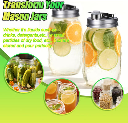 Mason Jar Pour Spout Lid Stainless Steel with Handle, Wide Mouth Pour Spout Flip Cap Lids for Mason Jars, Anticracking Leak Proof Seal Cover Airtight for Drinking Salad Dressing & Food Storing(2PCS)