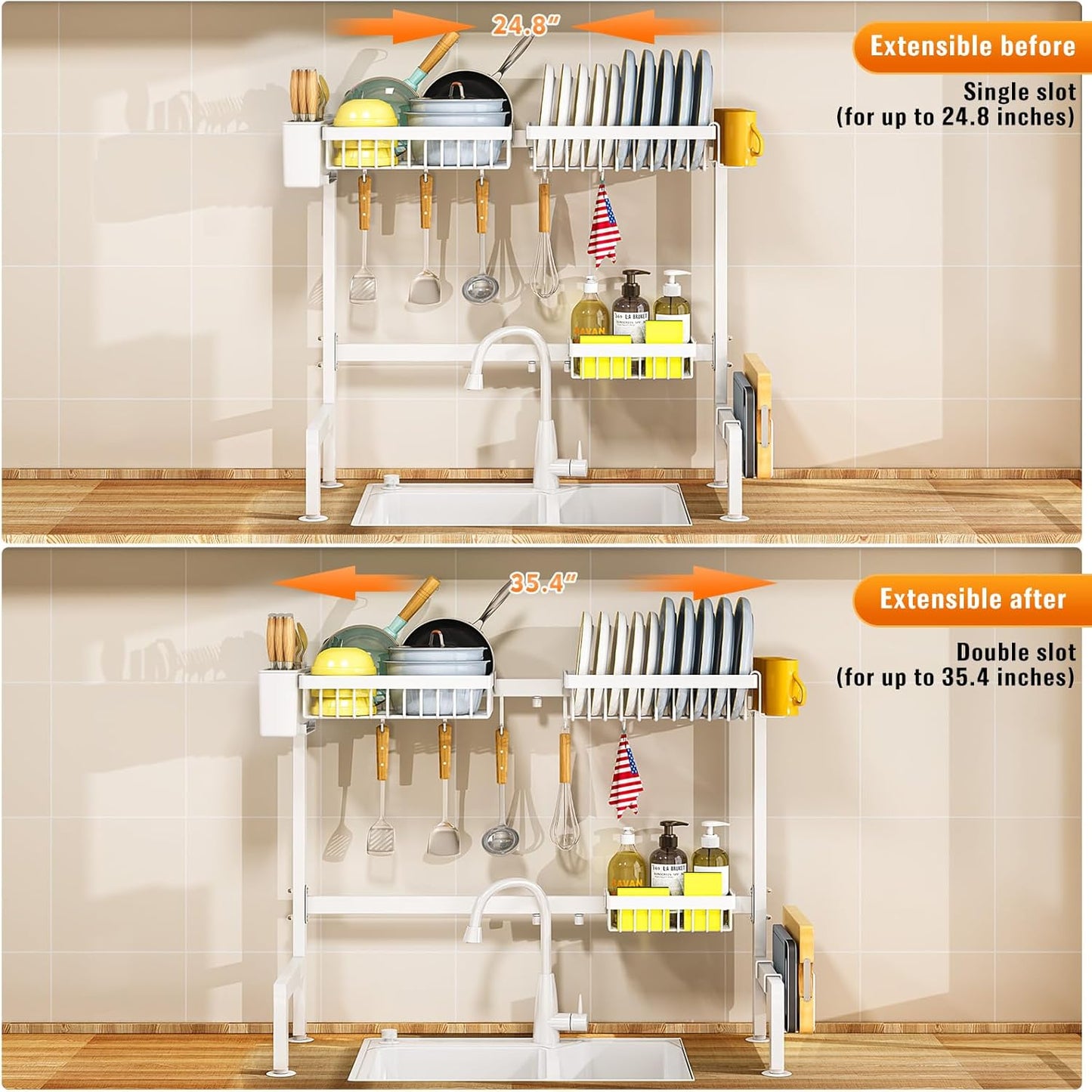 YKLSLH 4 Baskets Over The Sink Dish Drying Rack, Extendable Large Capacity Sink Rack, Metal Drying Rack Saving Space,for Most Sinks (26.57"-35")