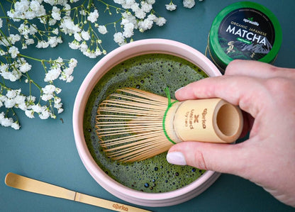 Aprika Life Matcha Bamboo Whisk Set with Holder | 100 Prong Chasen, Bamboo Scoop & Glass Whisk Holder | Matcha Whisk and Holder Starter Kit
