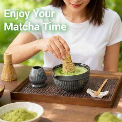 7pcs Matcha Whisk Set with 18oz Spout Bowl, Japanese Tea Ceremony Kit, Natural Bamboo Whisk Scoop, Ceramic Holder Sifter Towel, Best Gift for Beginners and Matcha Lovers