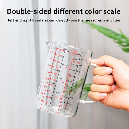 77L Glass Measuring Cup, [Insulated handle, V-Shaped Spout], High Borosilicate Glass Measuring Cup for Kitchen or Restaurant, Easy To Read, 500 ML (0.5 Liter, 2 Cup)