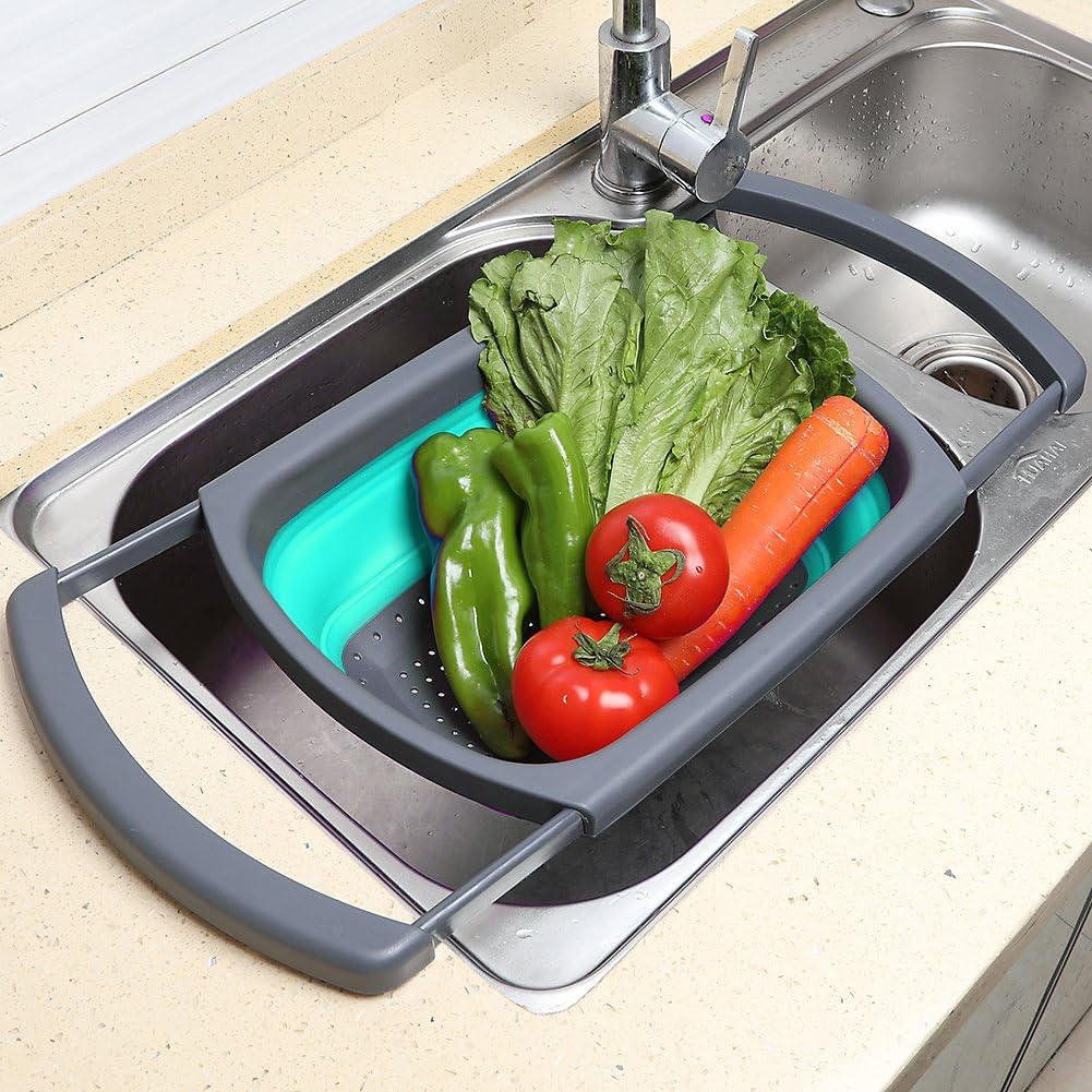 Qimh Colander Collapsible, Over The Sink Veggies/Fruit 6-Quart Strainers and Colanders with Extendable Handles, Folding Strainer for Kitchen