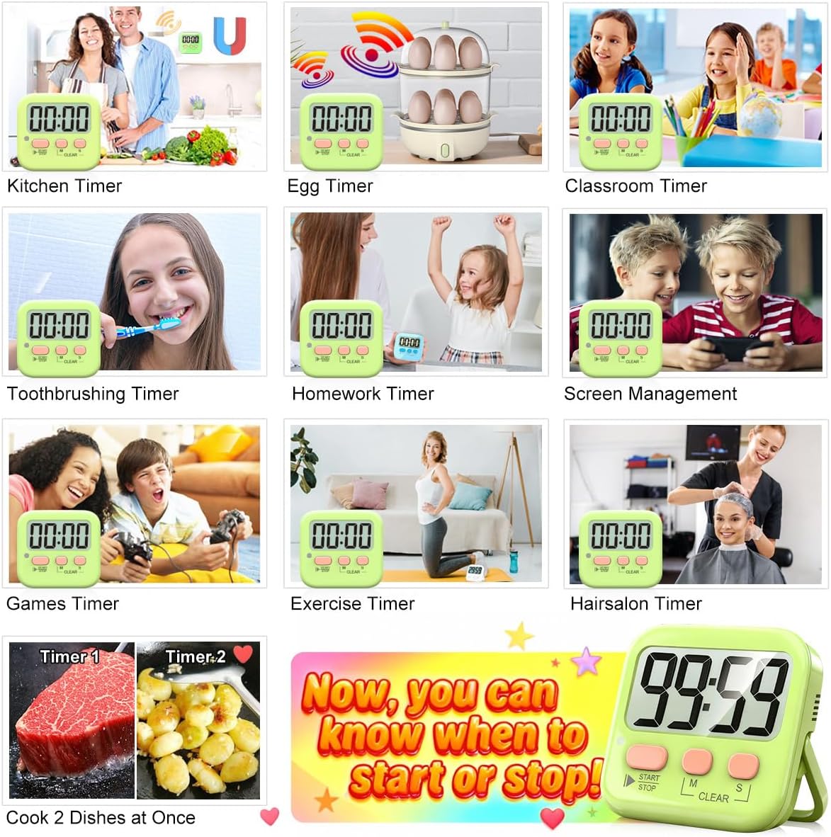 Antonki 2 Pack Digital Timer for Kids, Magnetic Countdown Kitchen Timers for Cooking, Egg, Classroom, Teacher, Exercise, Study, Oven - Battery Included