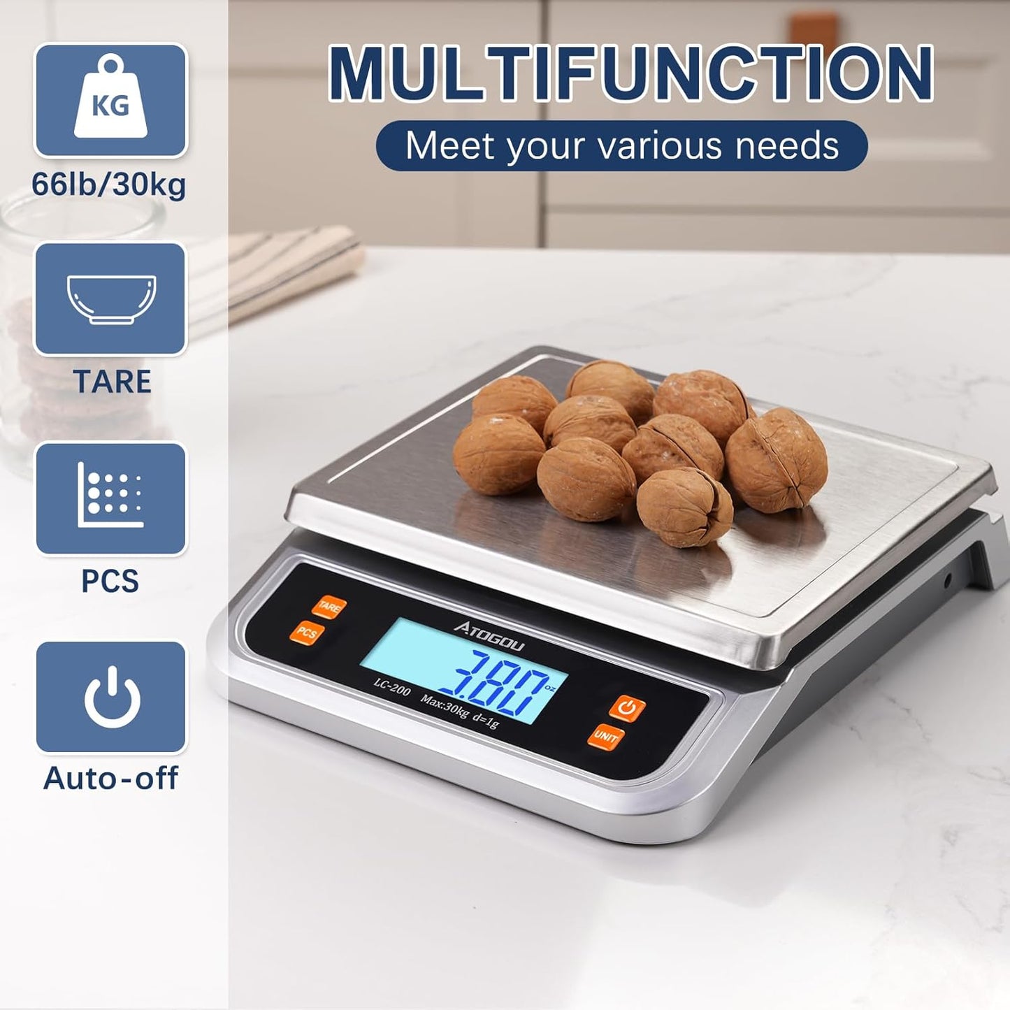 Atogou 88lb Commercial Digital Kitchen Scale 40kg/1g, with 6 Units Conversion, Stainless Steel, LCD Display, AA Battery or Plug-in Use for Baking, Bread, Cooking, Meat LC200 Grey
