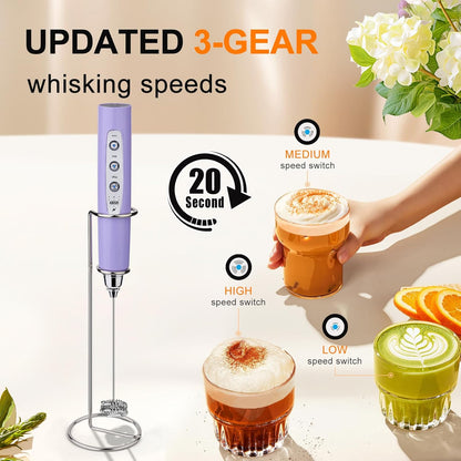 YUSWKO Black Handheld Milk Frother Wand for Coffee, Rechargeable Electric Whisk with 3 Heads 3 Speeds Drink Mixer Coffee Frother For Latte, Cappuccino, Hot Chocolate, Egg