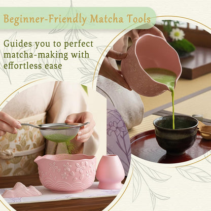 8 Pcs Matcha Whisk Set Chasen Matcha Whisk Bamboo Bowl with Spout Sifter Spoon Scoop Whisk Holder Bamboo Mat Complete Matcha Making Kit (Red Petal)