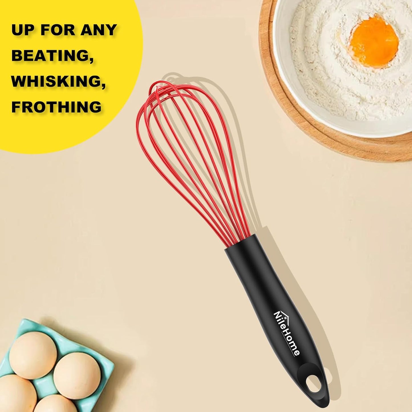 NileHome Silicone Whisk Set 8" 10" 12" Kitchen Whisk Kitchen Wisk Wire Whisks for Cooking, Whisking, Blending, Beating, Stirring-Black 3 Pack
