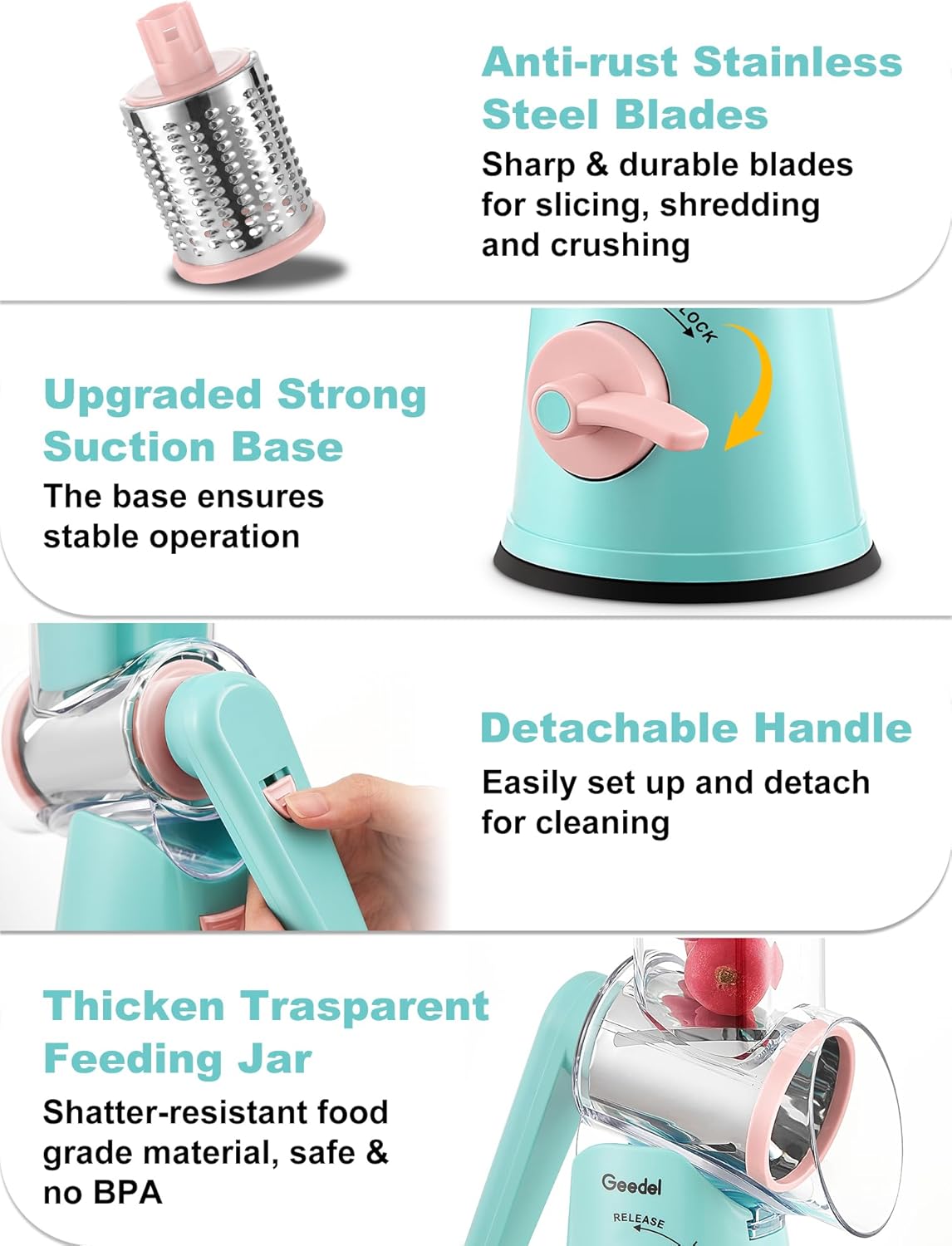 Geedel Rotary Cheese Grater, Kitchen Mandoline Vegetable Slicer with 3 Interchangeable Blades, Easy to Clean Grater for Fruit, Vegetables, Nuts
