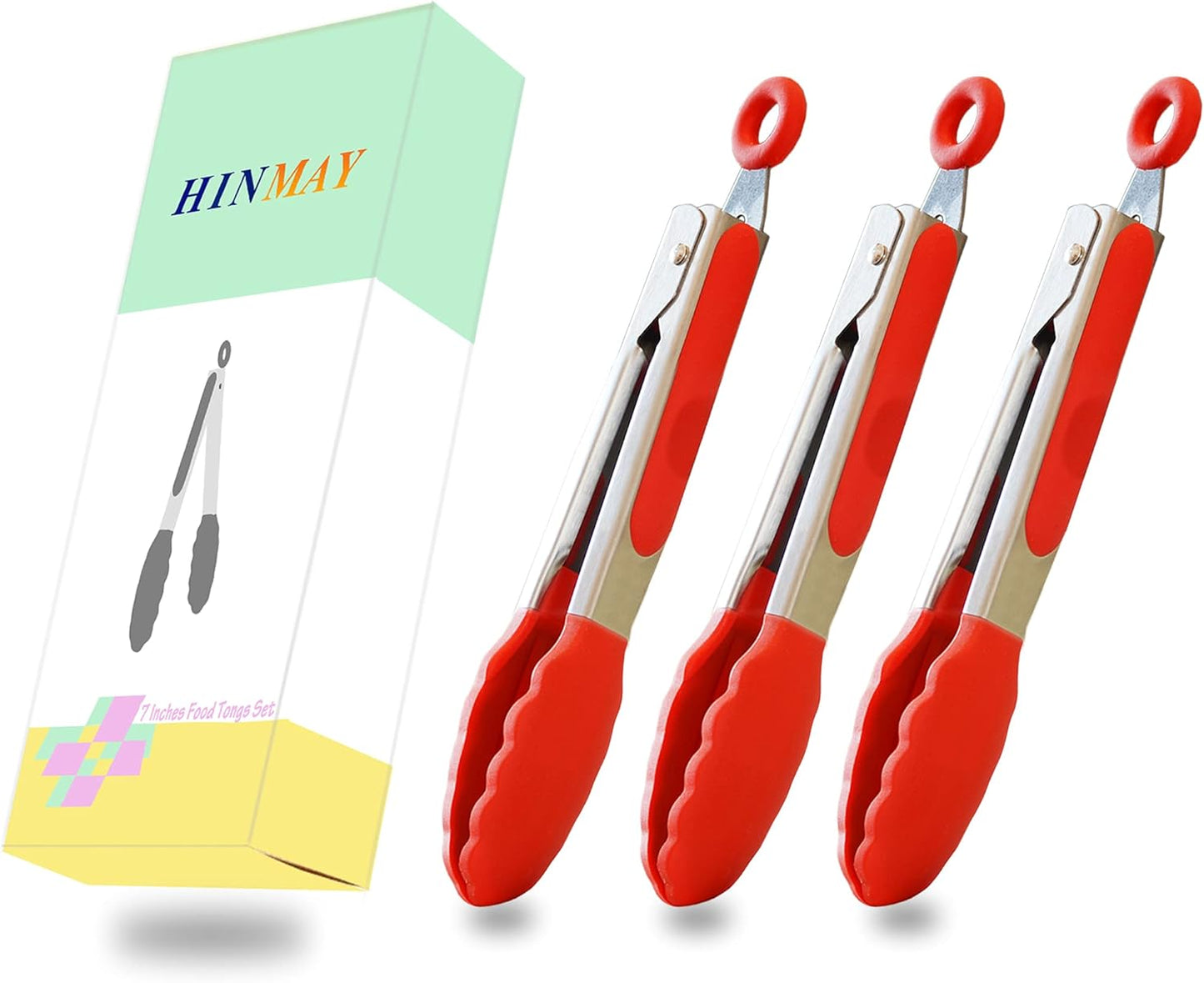 HINMAY Small Silicone Tongs 7-Inch Mini Serving Tongs, Set of 3 (Black Gray White)