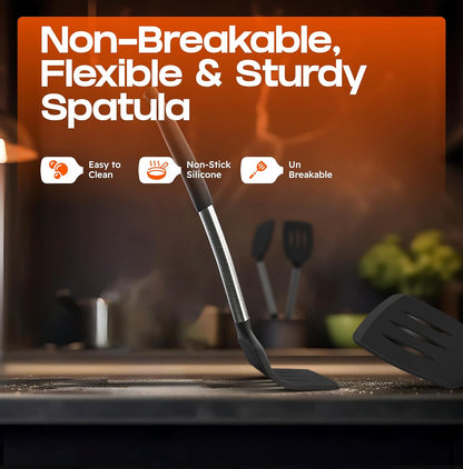 BakeRoyal Silicone Spatula Set - Turner Spatulas Silicone Heat Resistant 600°F - Slotted & Solid Spatula for Cooking Fish, Eggs, Pancakes Flipper – Spatulas for kitchen use – Royal Blue