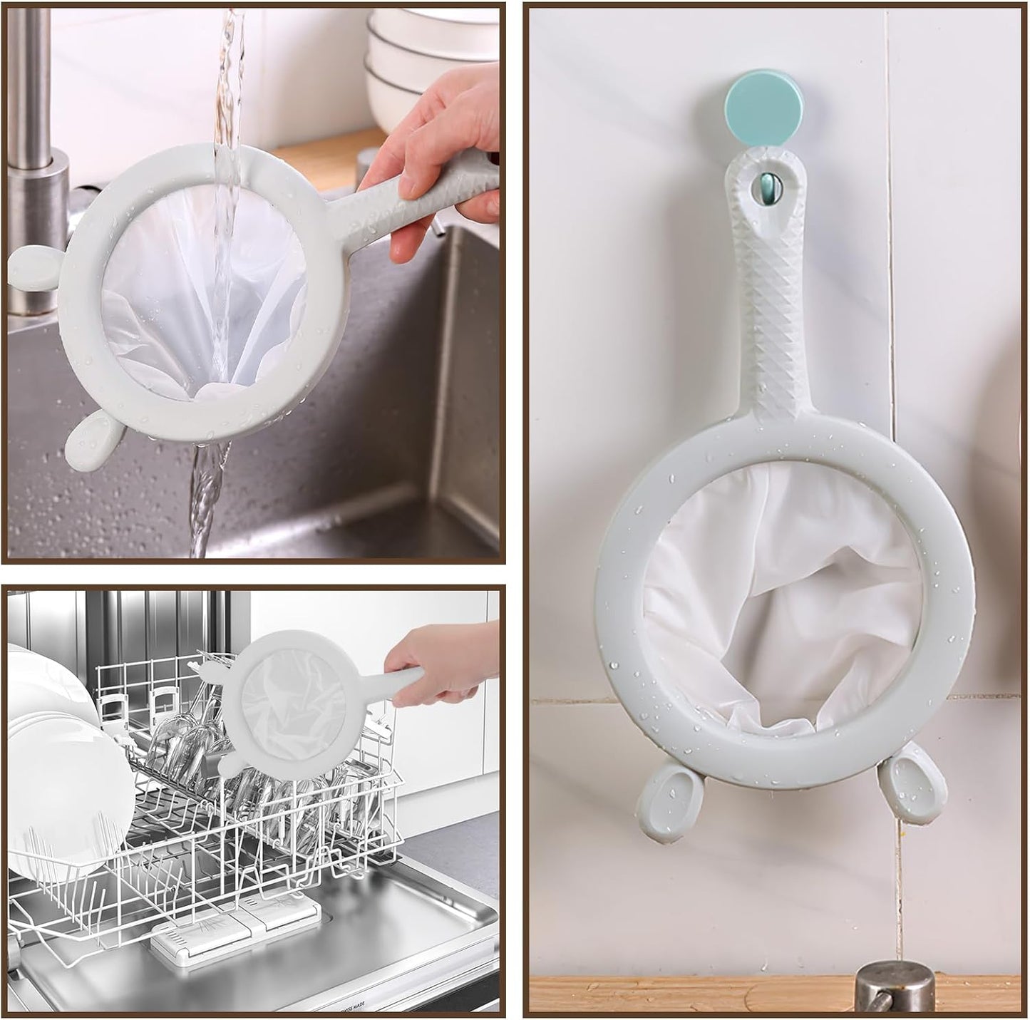 3-in-1 Fine Mesh Filter Kit with Detachable Sieve, 100/200/300 Mesh Filter with Grey Handle, Interchangeable Nylon Filter for Coffee, Tea, Nuts, Milk Juice, Fine Mesh Food Grade PP Frame（Grey）