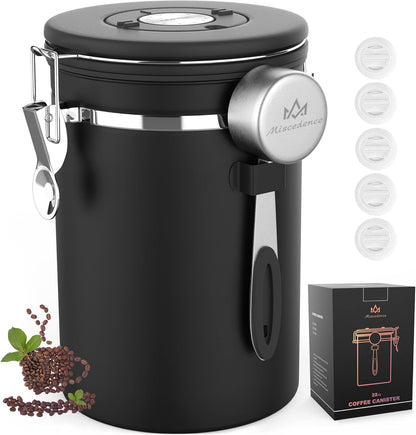 Coffee canister for ground coffee with Scoop Date Tracker One Way Co2 Valve 304 Stainless Steel Kitchen Food Airtight storage container for Coffee Beans,Grounds,Tea,Sugar (Black, 16oz)
