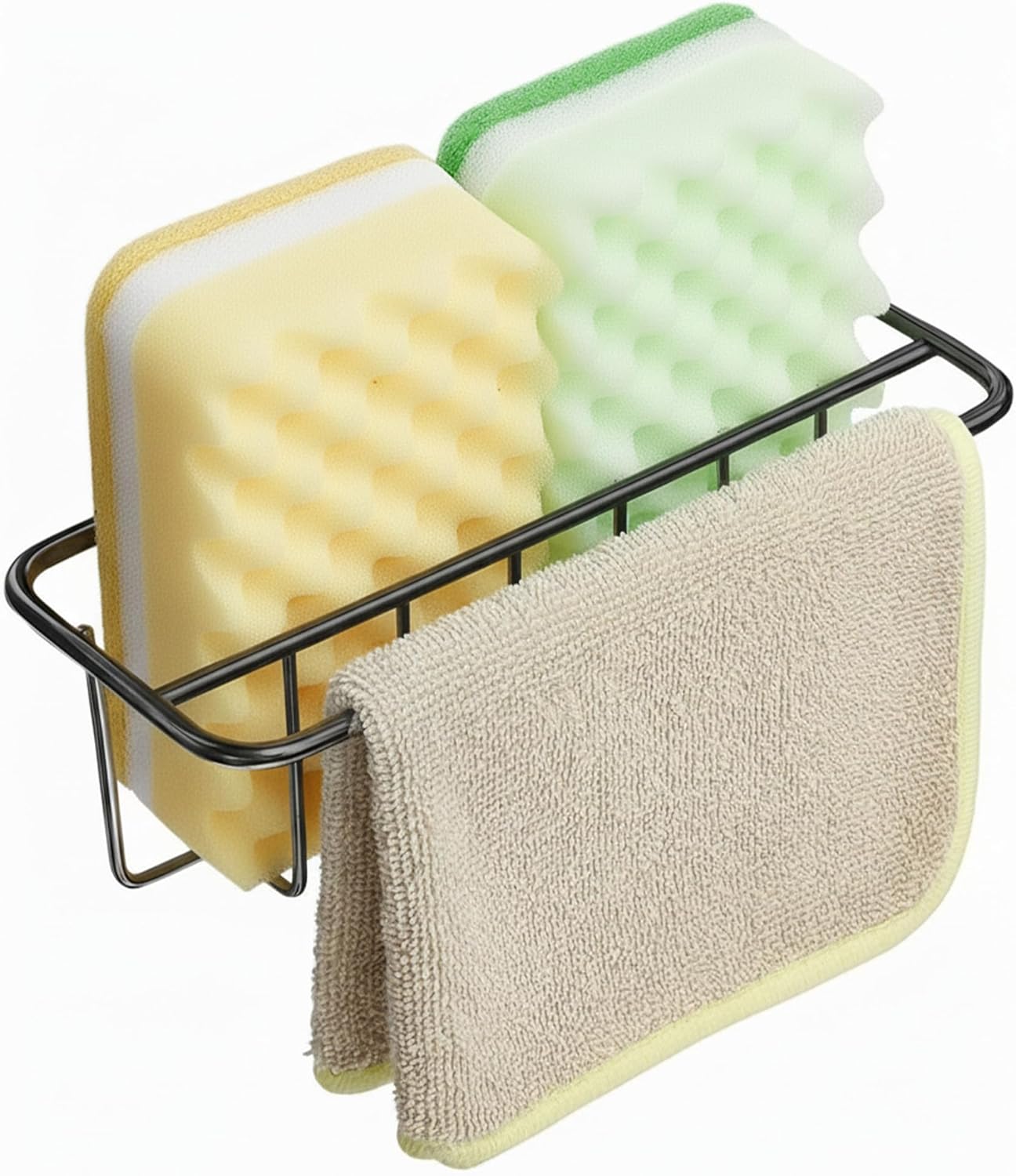 KESOL Adhesive Kitchen Sink Sponge Holder + Dish Cloth Hanger + Soap Holder, 2-in-1 Kitchen Sink Caddy, 304 Stainless Steel Rust Proof, Water Proof, No Drilling (Silver)