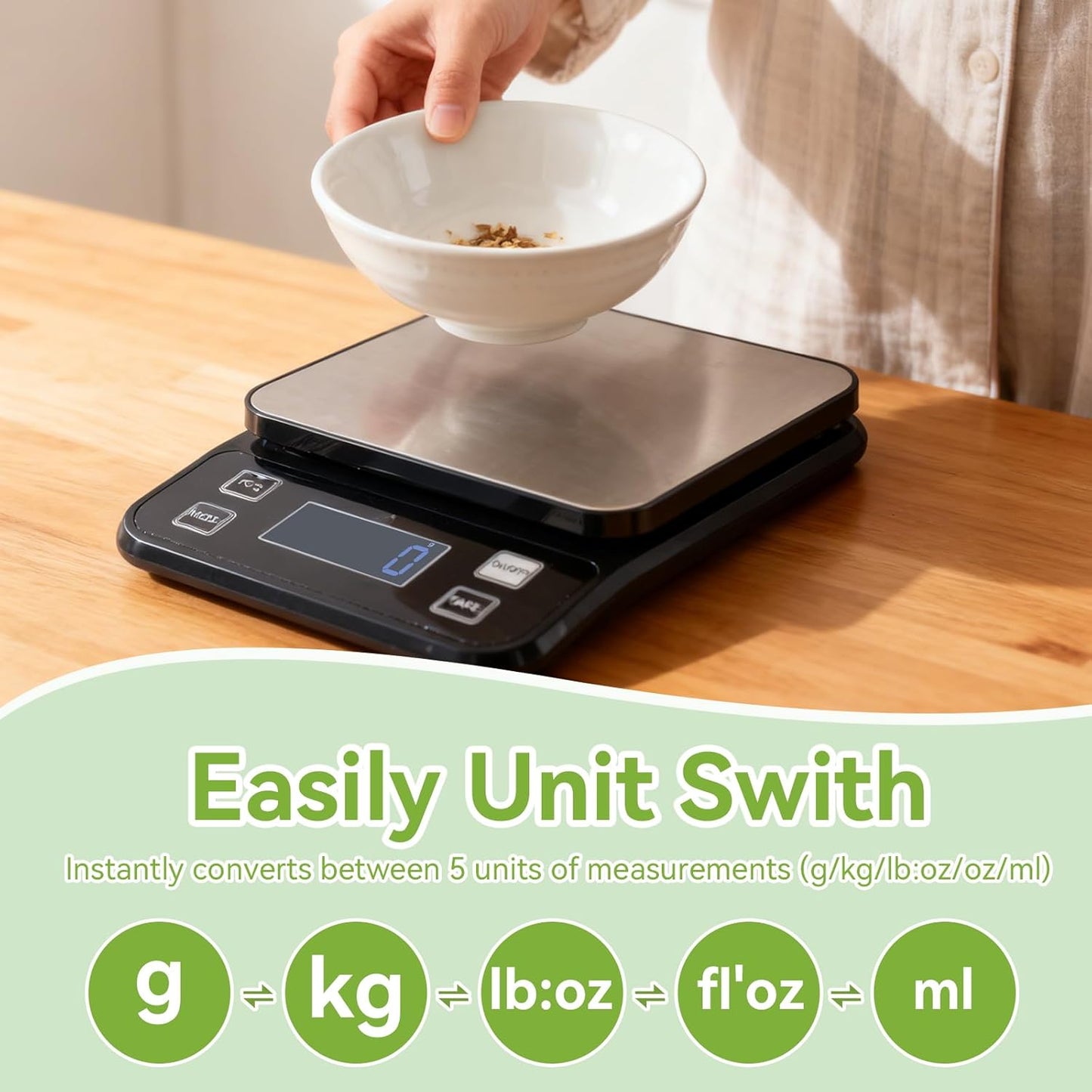 Digital Kitchen Scale, 33lb Food Scale Precisely Measures Grams and Ounces for Baking, Cooking, and Meal Prep, Rechargeable 304 Stainless Steel with LCD Display, Batteries and USB Charging Included