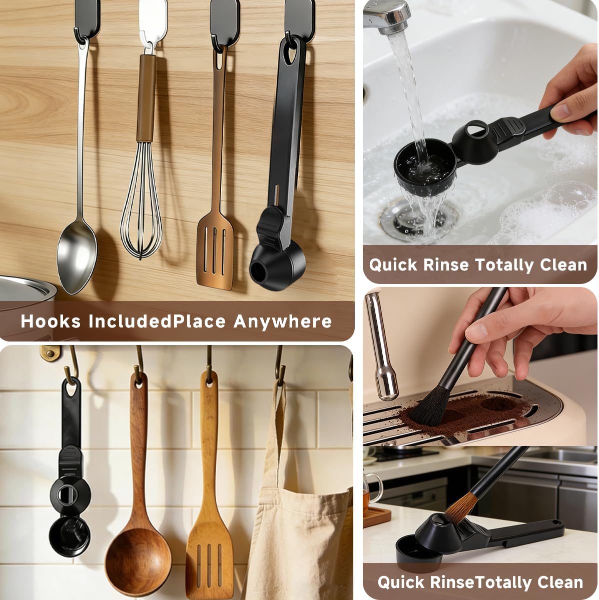 Credon Coffee Scoop with Funnel for Ground Coffee & Protein Powder – Coffee Bean Measuring Spoon, 2 Tablespoon Slide Scoop for Reusable K-Cup, Precision Spill-Proof (Black)