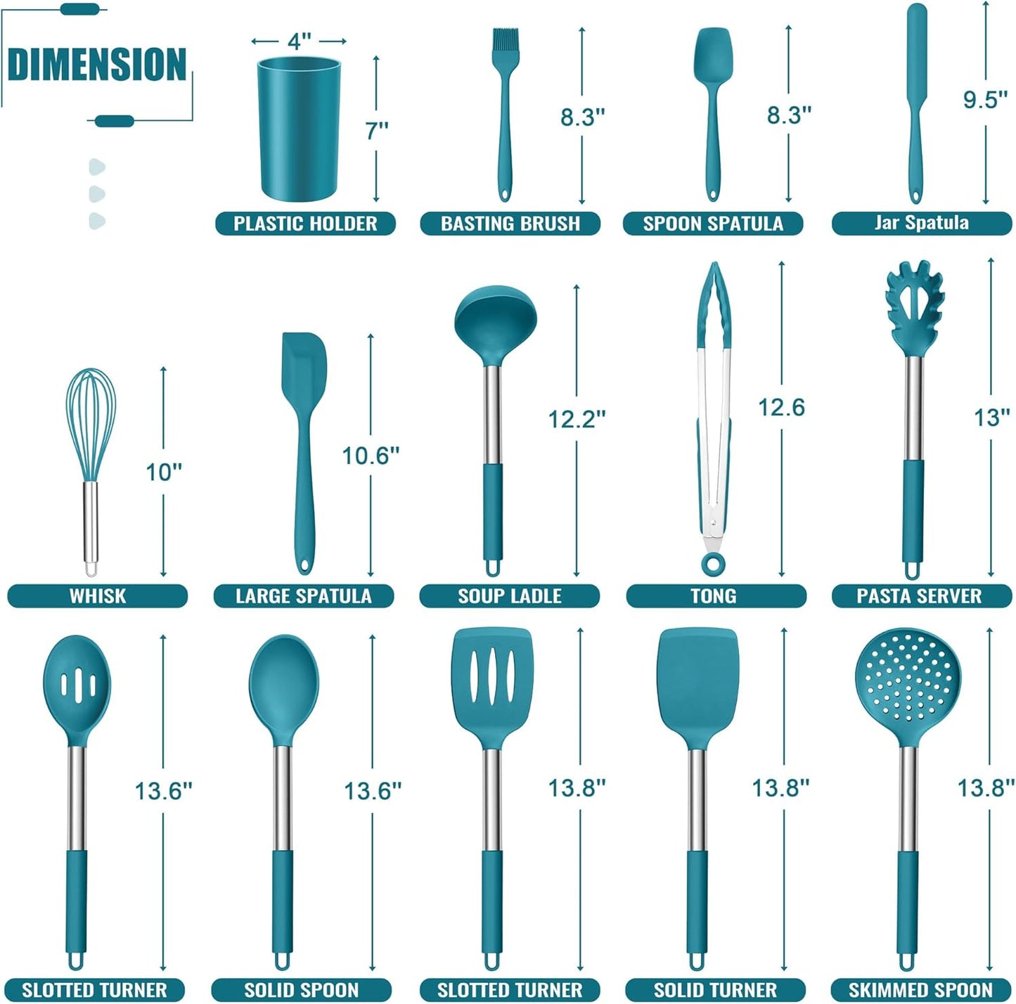 E-far 14 Pieces Silicone Cooking Utensils Set, Kitchen Utensils Set with Holder, Spatula, Ladle, Spoon, Tong, Slotted Turner for Nonstick Cookware, Heat Resistant & Stainless Steel Handle, Black