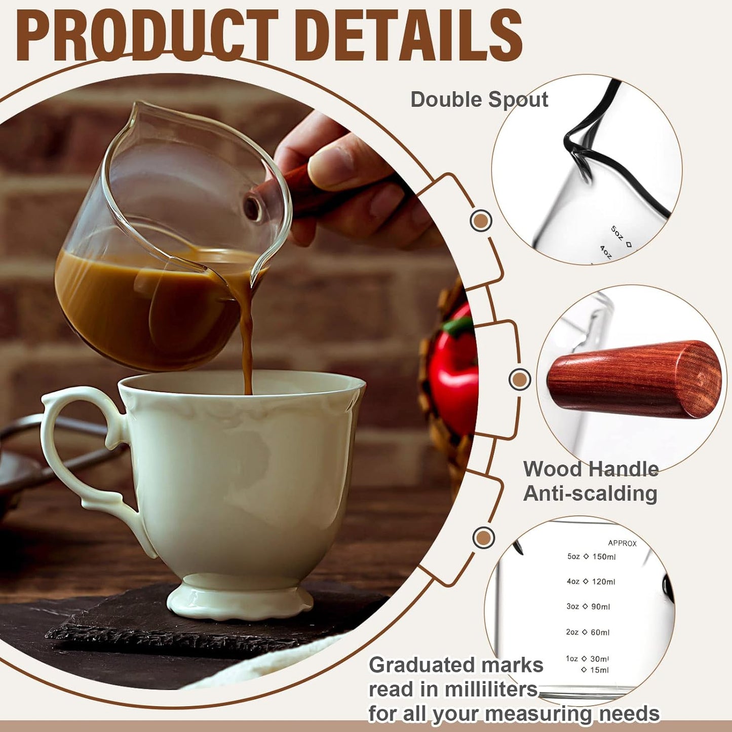 2 Pack Espresso Cups 5oz, Expresso Shots Cup, Double Spouts Cups, Shot Glasses with Wood Handle Measuring Triple Pitcher Milk Cup Clear Measuring Coffee Shot Glass for Barista Coffee Measure