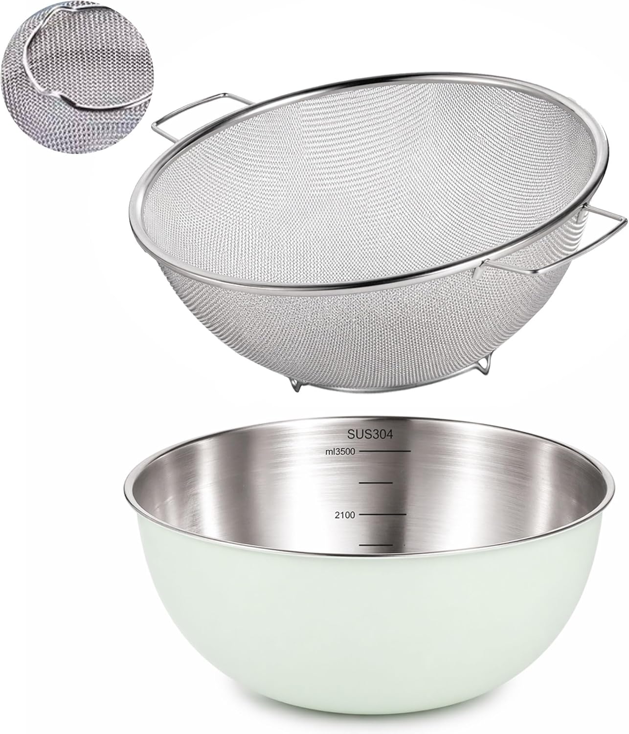304 Stainless Steel Kitchen Colander Set, 3.5QT Colander with Handle and Bowl, 40 Mesh Fine Strainer, Fast Draining for Rice, Pasta, Fruits & Vegetables, Dishwasher Safe