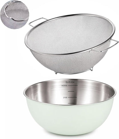 304 Stainless Steel Kitchen Colander Set, 3.5QT Colander with Handle and Bowl, 40 Mesh Fine Strainer, Fast Draining for Rice, Pasta, Fruits & Vegetables, Dishwasher Safe