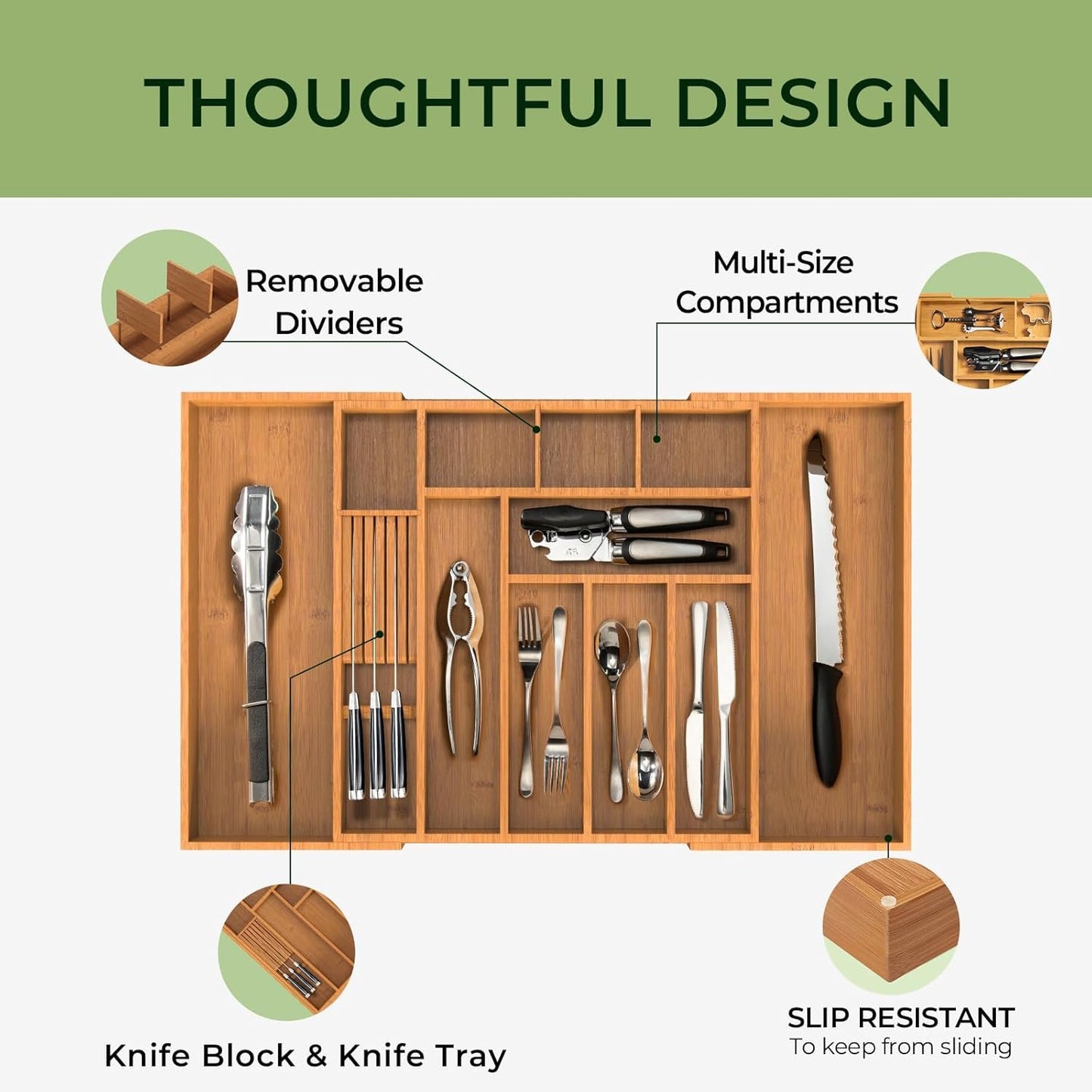 keechee Carbonized Bamboo Kitchen Drawer Organizer, 10 Slots Expandable Silverware Organizer, Utensil Holder & Cutlery Tray, 2.2" Deep for Extra Capacity, Non-Slip Feet Included