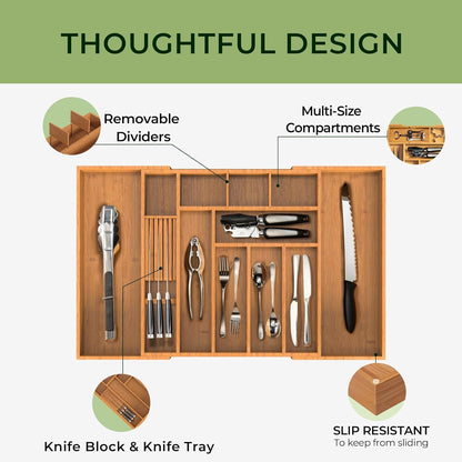 keechee Carbonized Bamboo Kitchen Drawer Organizer, 10 Slots Expandable Silverware Organizer, Utensil Holder & Cutlery Tray, 2.2" Deep for Extra Capacity, Non-Slip Feet Included