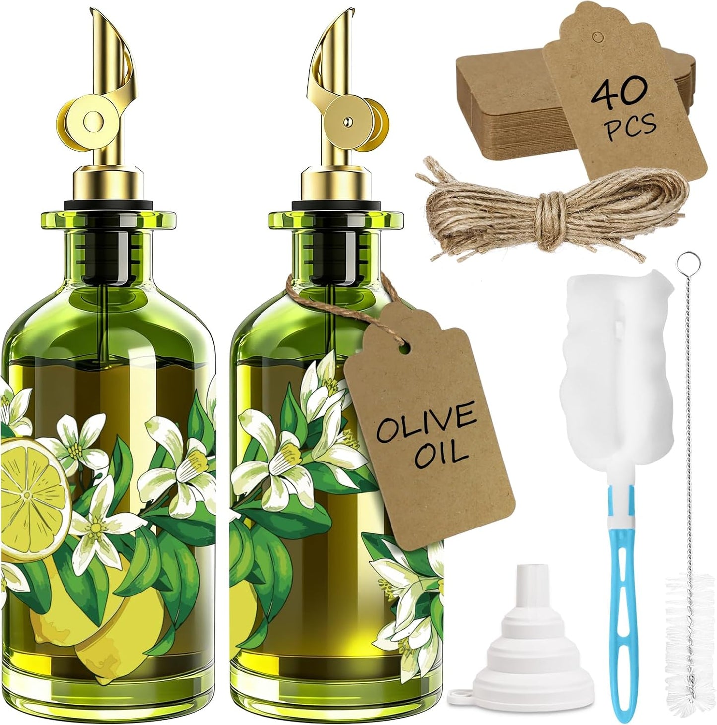 Olive Oil Dispenser Bottle for Kitchen, 12oz/350ml Extra Thick Glass Oil and Vinegar Cruet with Stainless Steel Pourer, Funnel & Cleaning Brush, Premium Oil Dispenser Set (Avocado)