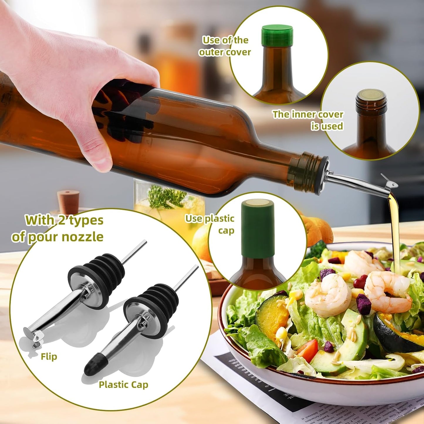 2Pcs 25 oz Olive Oil Dispenser Bottle,750 ml Glass Oil and Vinegar Dispenser Set with Pourers and Funnel ，Oil Bottles for Kitchen Large capacity oil bottles (Green 2pcs)