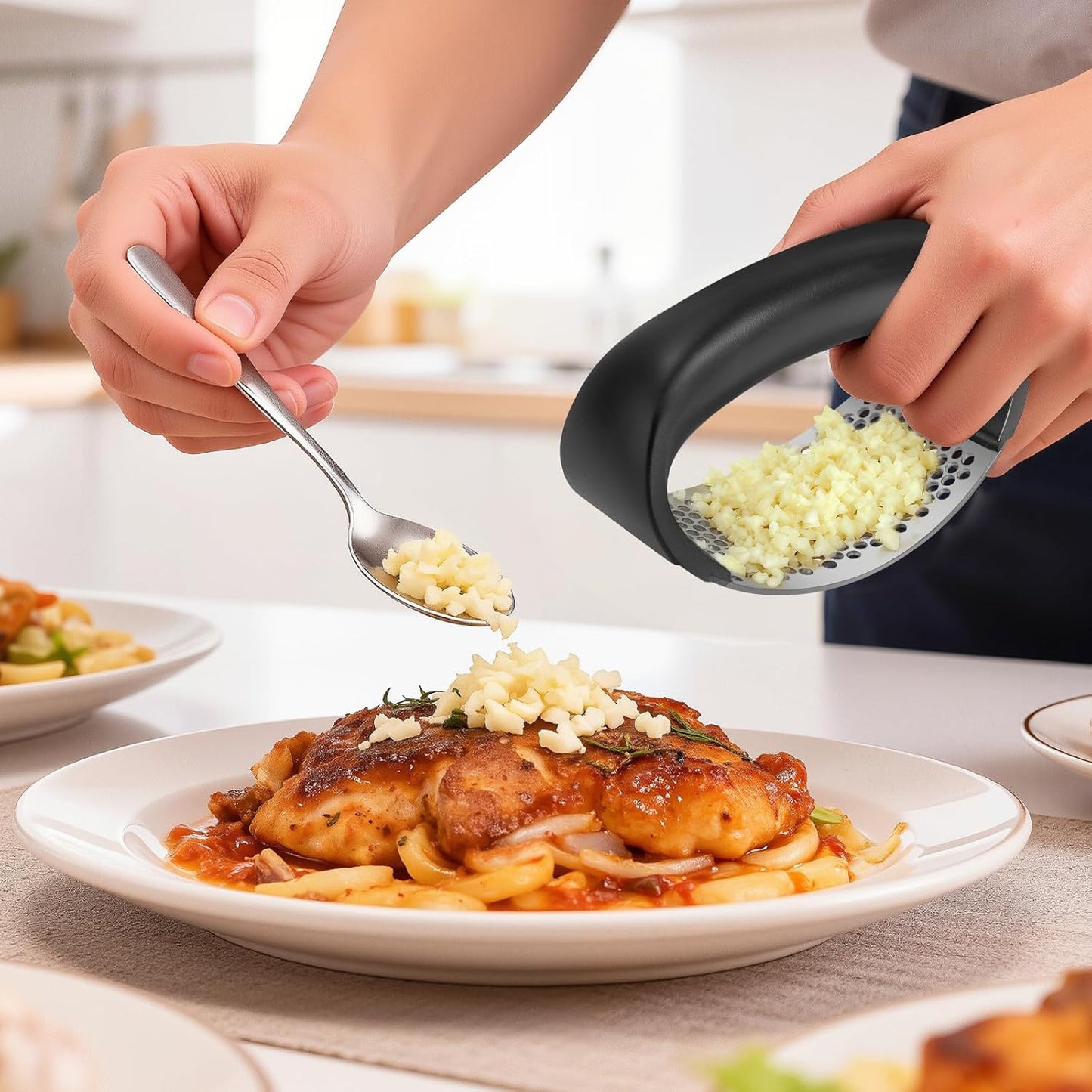 Cook Guy 304 Stainless Steel Garlic Press Rocker Set - Premium Garlic Mincer, Crusher, Peeler and Scraper Tool for Effortless Mincing - Comfortable Grip Garlic Grinder (Silver)