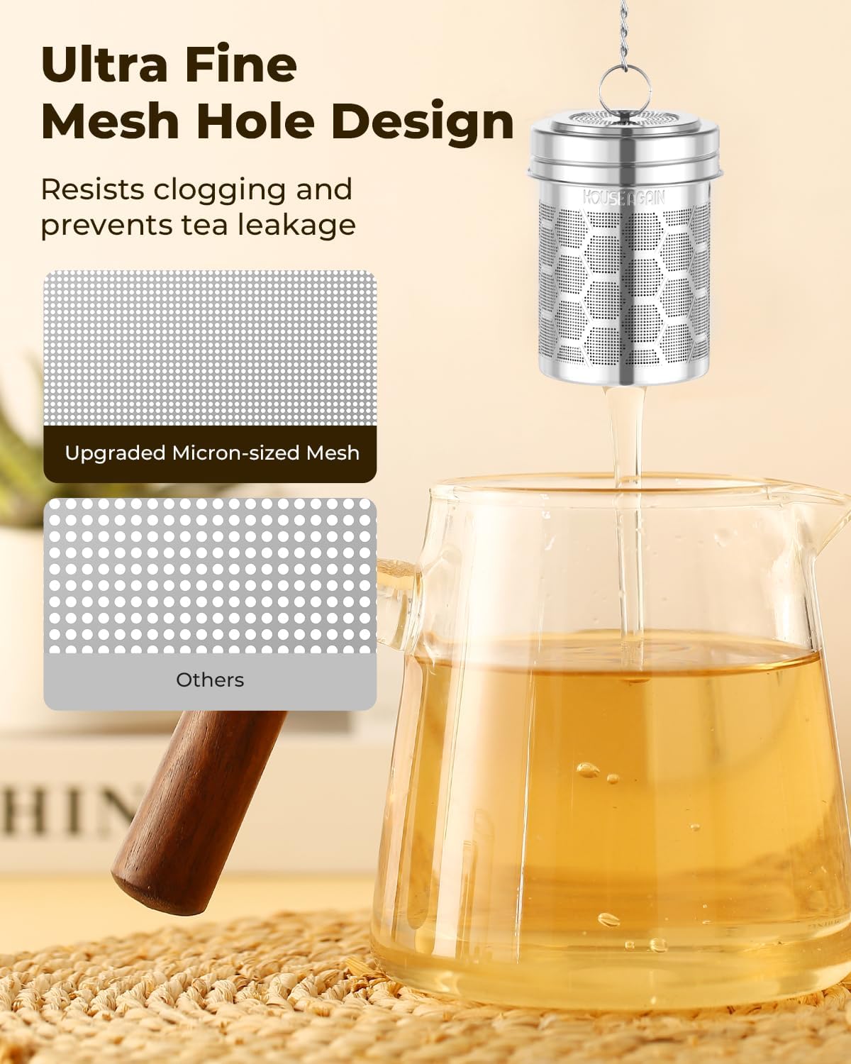 House Again Large Tea Infuser, Extra Fine Mesh Tea Strainers for Loose Tea, 18/8 Stainless Steel Tea Strainer with Extended Chain Hook, Tea Steeper for Brew Tea, Spices & Seasonings, for Multi Cups