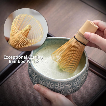 Buucup Matcha Whisk Set, Ceramic Matcha Kit Set Includes Matcha Bowl, Matcha Whisk and Holder, Bamboo Scoop, Scoop Rest, Sifter and Tea Towel - 7 Pcs Matcha Kit for Matcha Lovers (Mottled Green)