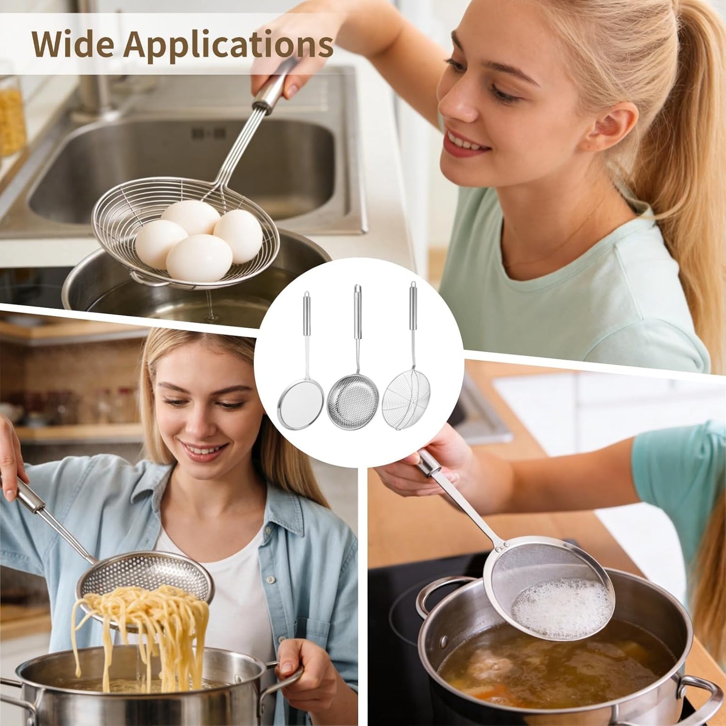 3 PCS Stainless Steel Spider Strainer Set, Long Handle Wire Skimmer Spoon and Fine Mesh Sieves, 304 Steel Kitchen Oil Frying Scoop, Noodle Pasta Strainer for Cooking, Hanging Loop