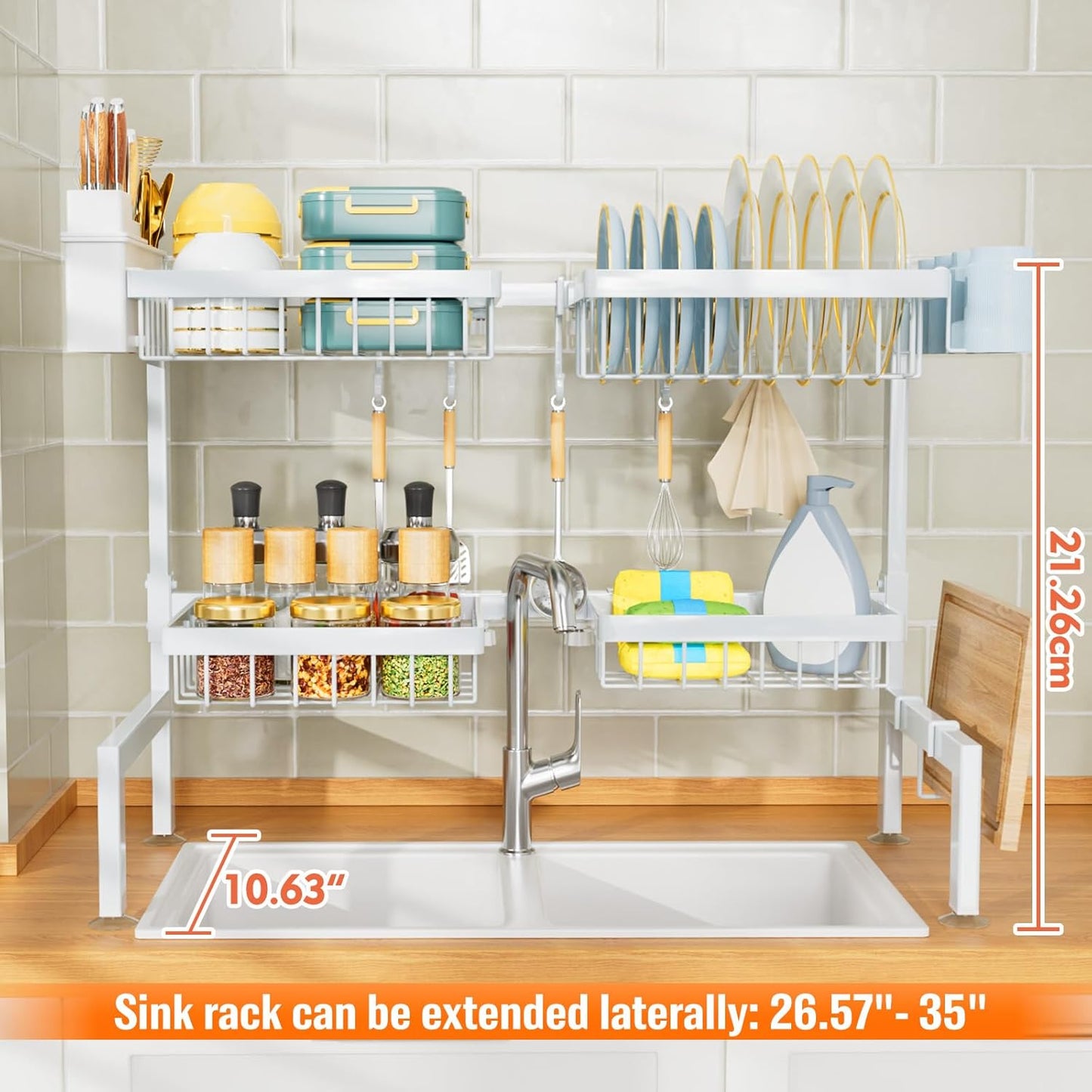 YKLSLH 4 Baskets Over The Sink Dish Drying Rack, Extendable Large Capacity Sink Rack, Metal Drying Rack Saving Space,for Most Sinks (26.57"-35")