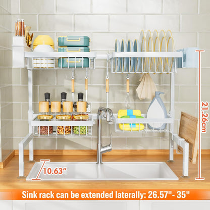 YKLSLH 4 Baskets Over The Sink Dish Drying Rack, Extendable Large Capacity Sink Rack, Metal Drying Rack Saving Space,for Most Sinks (26.57"-35")