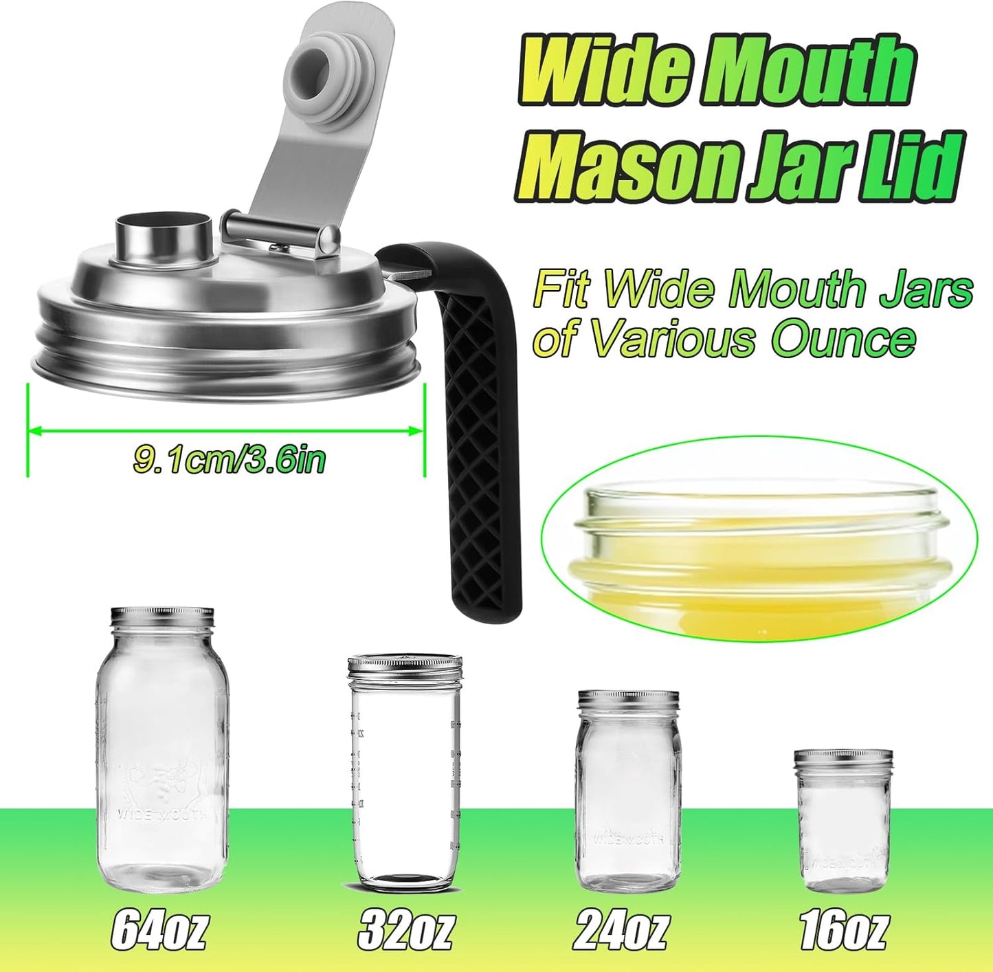 Mason Jar Pour Spout Lid Stainless Steel with Handle, Wide Mouth Pour Spout Flip Cap Lids for Mason Jars, Anticracking Leak Proof Seal Cover Airtight for Drinking Salad Dressing & Food Storing(2PCS)