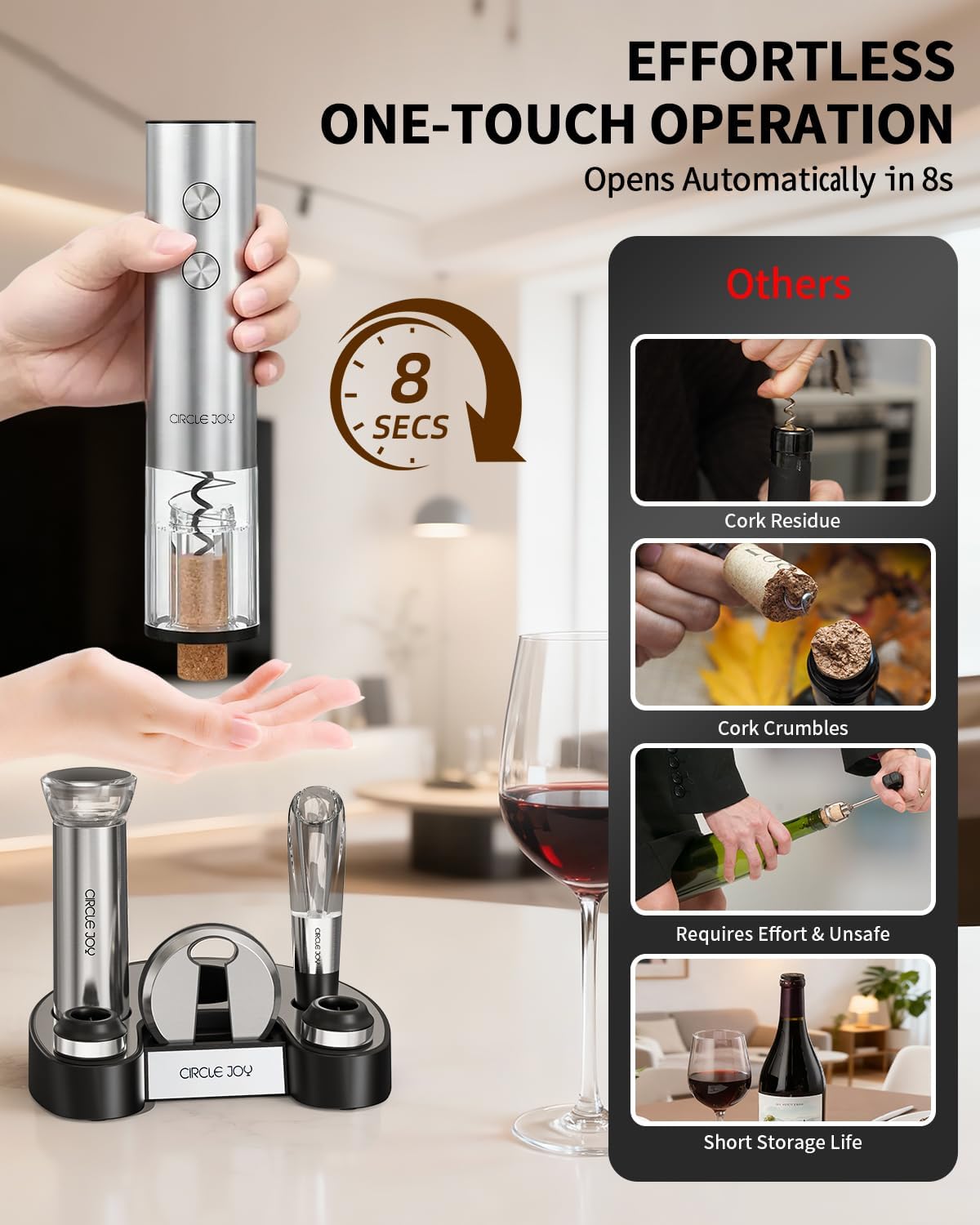 CIRCLE JOY Electric Wine Opener Stainless Steel Rechargeable Automatic Wine Bottle Opener Set 7-in-1 Wine Gifts for Wine Lovers with Charging Base, Foil Cutter, Wine Aerator Pourer & 2 Vacuum Stoppers